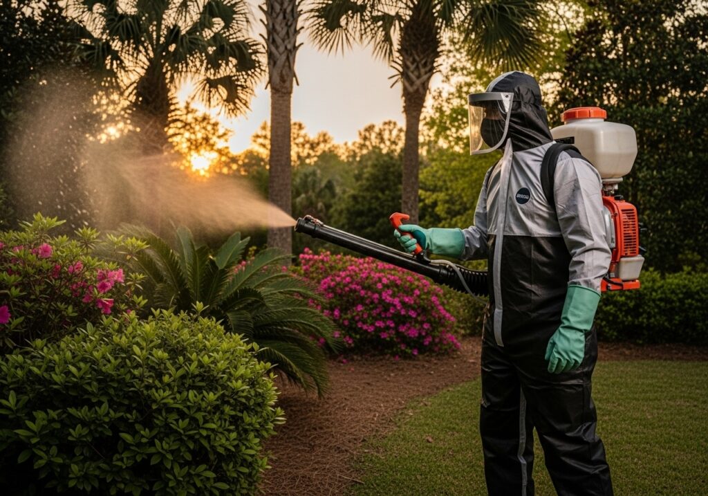 A modern, professional exterminator wearing a mask and protective gear, expertly operating a mosquito sprayer in a lush, green South Carolina backyard at dusk, with soft, golden light.
